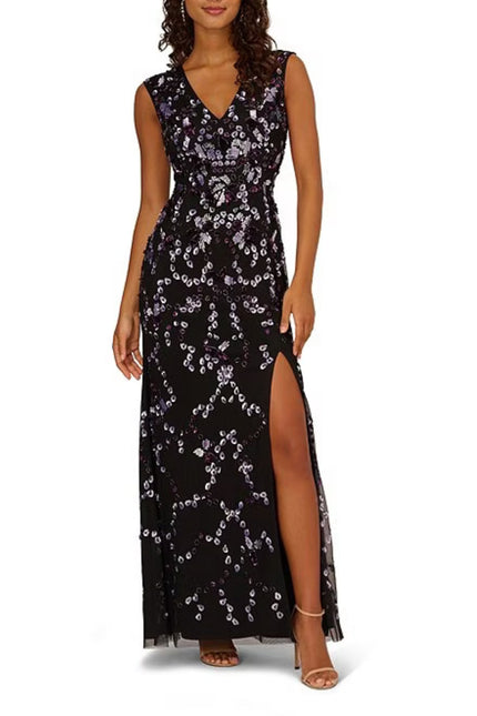 Adrianna Papell Beaded V Neck Cap Sleeve Front Slit Gown by Curated Brands