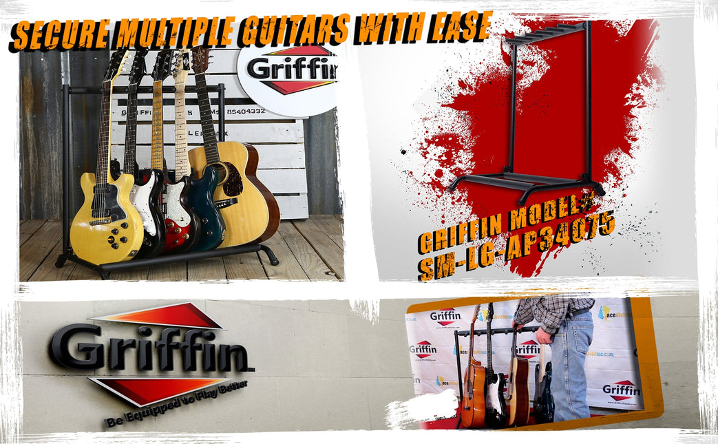 Five Guitar Rack Stand by GRIFFIN - Holder for 5 Guitars & Folds Up For Transport Neoprene Padding by GeekStands.com