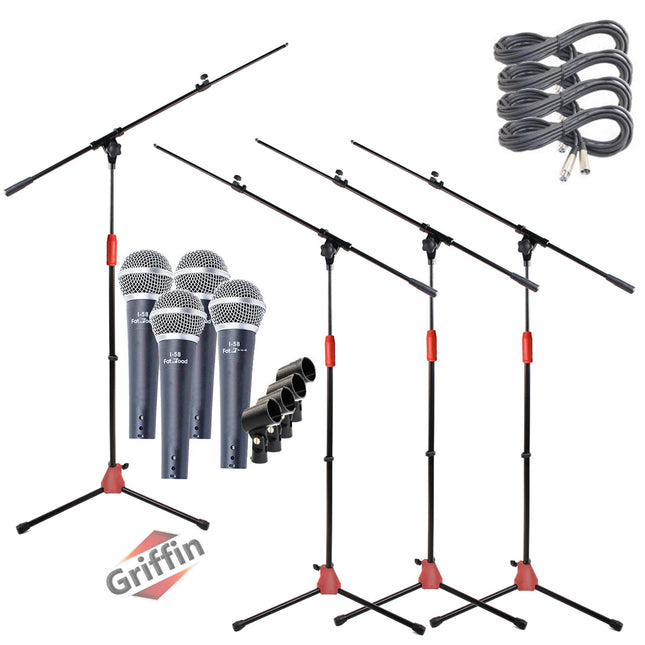 Microphone Stand with Telescoping Boom Arm, 20 Ft XLR Cable (Pack of 4) by GRIFFIN - Handheld Dynamic Mic & Clip  - DJ Pro-Audio Cardioid Singing Mic by GeekStands.com