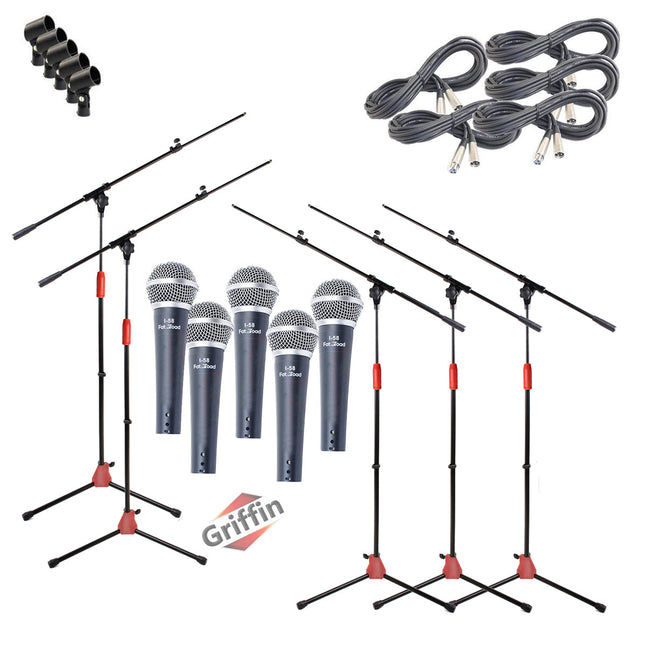 GRIFFIN Microphone Stand Package of 5 with Vocal Unidirectional Mics & XLR Cables - Handheld Cardioid Dynamic Microphones for Home Studio Recording by GeekStands.com