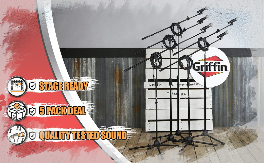 GRIFFIN Microphone Stand Package of 5 with Vocal Unidirectional Handheld Mics & XLR Cables by GeekStands.com