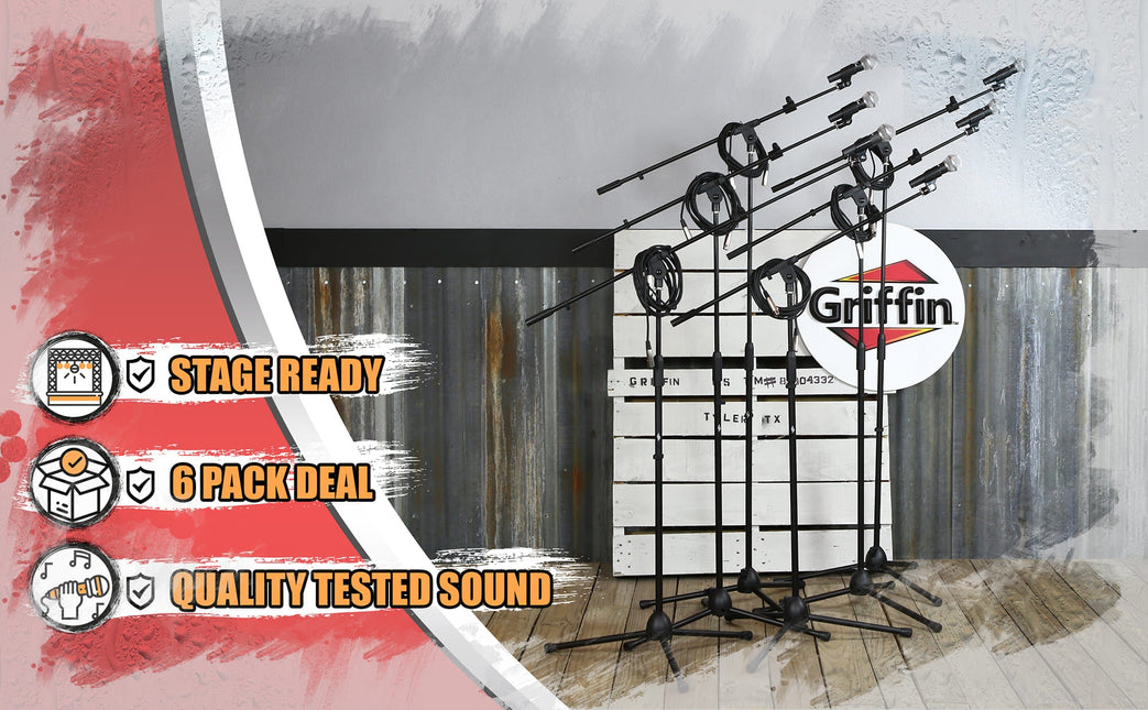 Microphone Boom Stand (GRIFFIN 6 Pack) with Cardioid Vocal Microphones & XLR Mic Cables For Karaoke by GeekStands.com