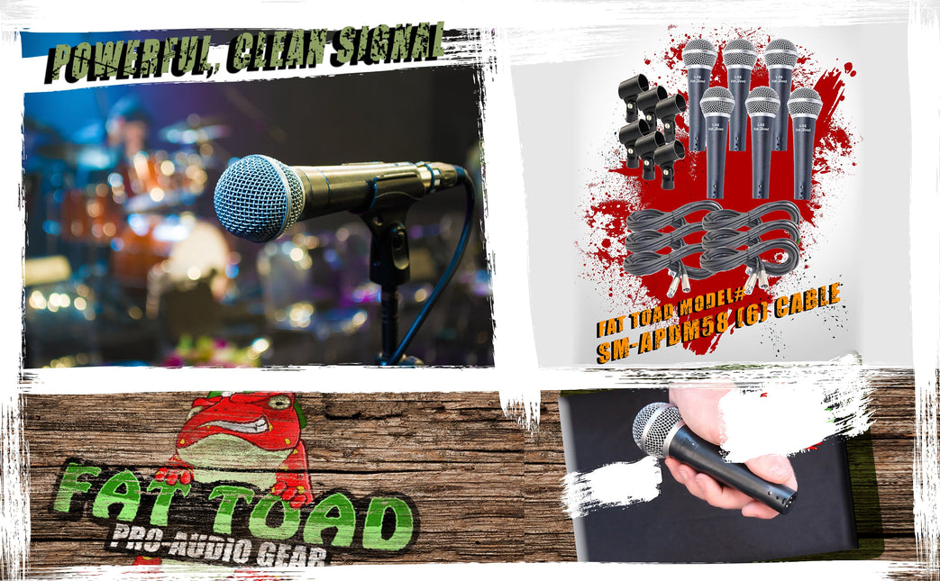 Cardioid Vocal Microphones with XLR Mic Cables & Clips (6 Pack) by FAT TOAD - Dynamic Handheld, Unidirectional for Studio Recording, Live Stage by GeekStands.com