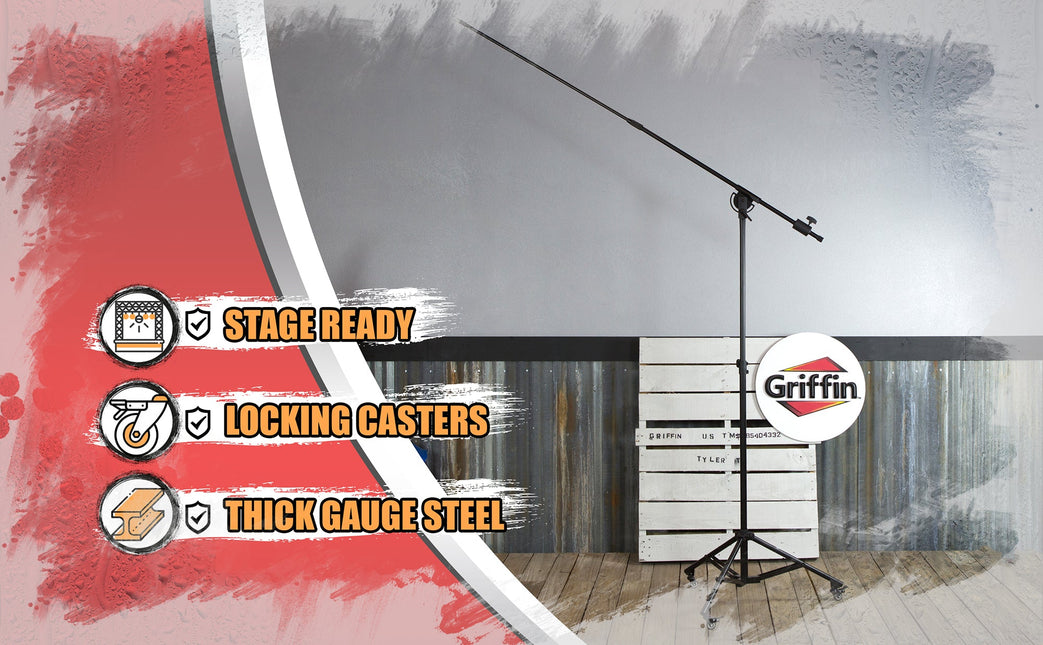 GRIFFIN Professional Studio Microphone Boom Stand with Casters - Extended Height Recording Mic by GeekStands.com
