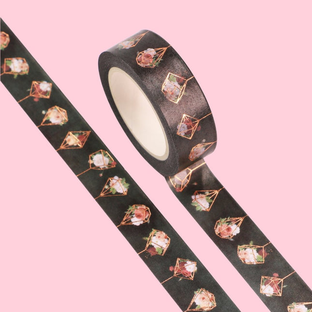 Black Geo Flowers Washi Tape with Rose Gold Accents | Gift Wrapping and Craft Tape by The Bullish Store