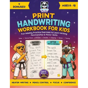 Print Handwriting Workbook for Kids 8-12: Fun Weekly Practice Exercises to Learn Writing, Penmanship & Motor Skills with Jokes, Science Facts & Prompt