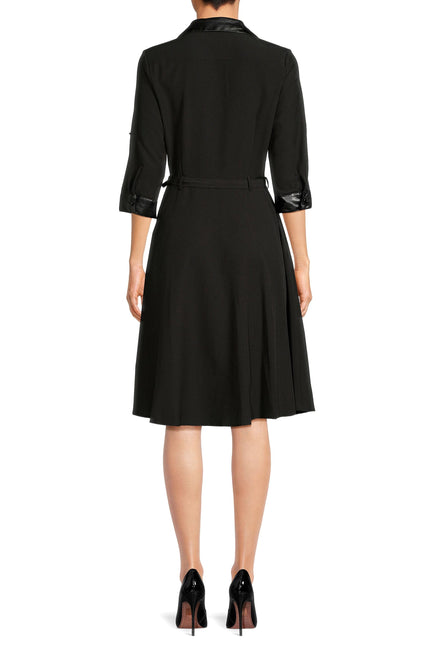 Sharagano pointed collar 3/4 sleeve button closure belted stretch crepe dress with pockets by Curated Brands