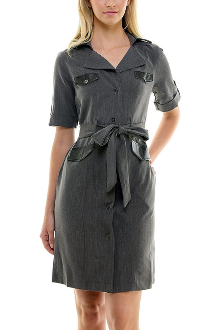 Sharagano notched collar short roll tab sleeve button closure belted matte jersey dress by Curated Brands