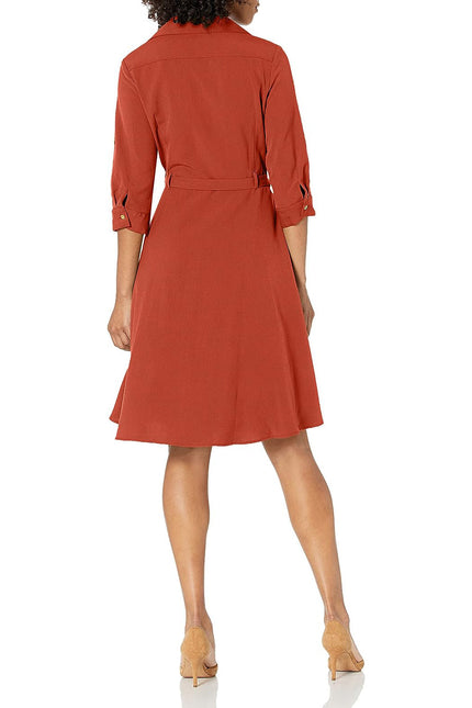 Sharagano Collared Short Tie Waist Solid Scuba Crepe Dress by Curated Brands