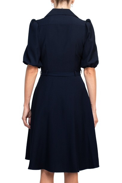 Sharagano Collared Short Sleeve Button Front Closure Tie Waist Solid Stretch Crepe Dress With Pockets by Curated Brands
