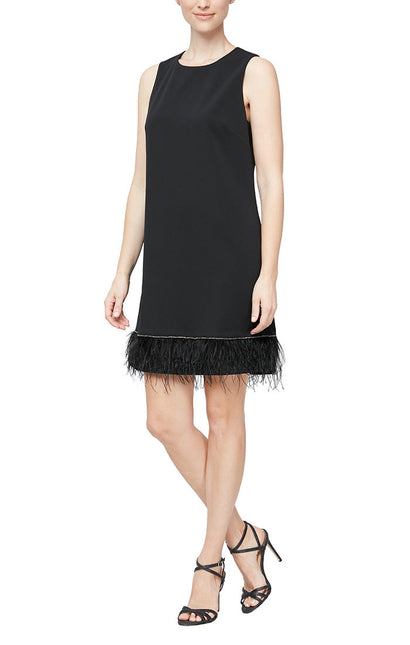 Alex Evenings Crew Neck Sleeveless Embellished Hem Solid Bodycon Stretch Crepe with Ostrich Feather by Curated Brands