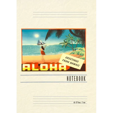 Vintage Lined Notebook Aloha, Greetings from Hawaii, Hula Girl on Beach