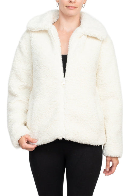 Catherine Malandrino collared V-neck long sleeve zipper front Sherpa jacket by Curated Brands