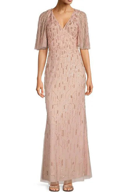 Aidan Mattox Beaded Mesh V-Neck Short Flutter Sleeve Gown in Ballet by Curated Brands