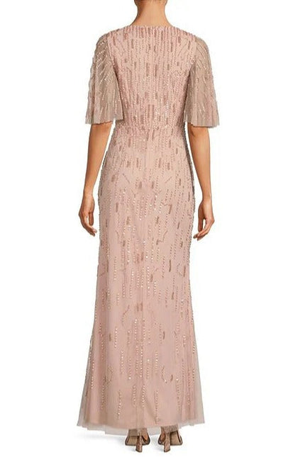 Aidan Mattox Beaded Mesh V-Neck Short Flutter Sleeve Gown in Ballet by Curated Brands