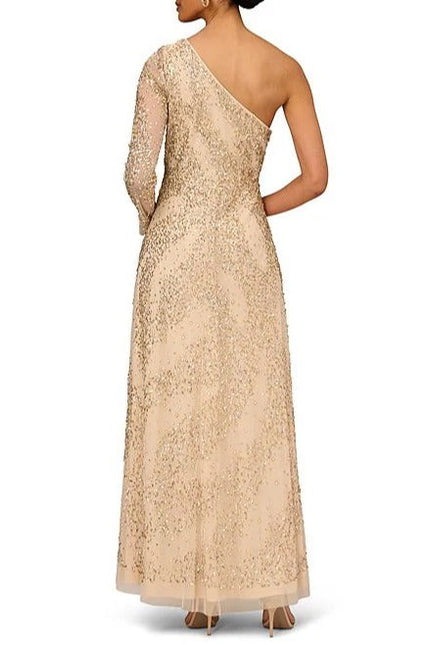 Aidan Mattox Light Gold Beaded One Shoulder Long Sleeve A-Line Gown by Curated Brands
