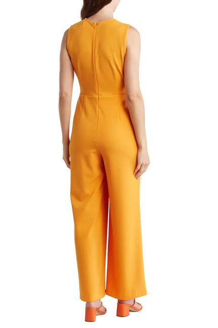 Nicole Miller round neck sleeveless zipper closure twist front solid stretch crepe jumpsuit with open sides by the waist by Curated Brands