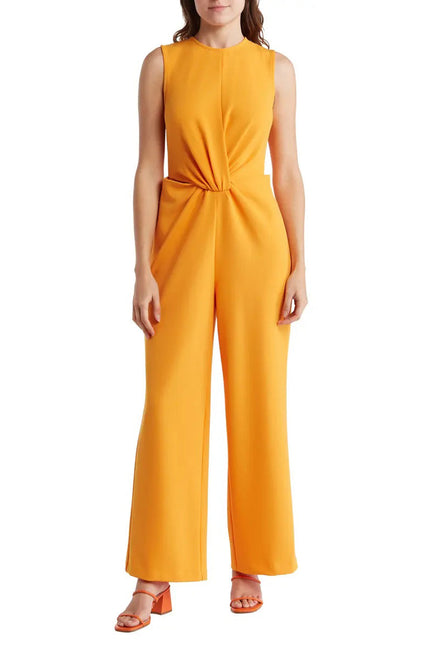 Nicole Miller round neck sleeveless zipper closure twist front solid stretch crepe jumpsuit with open sides by the waist by Curated Brands