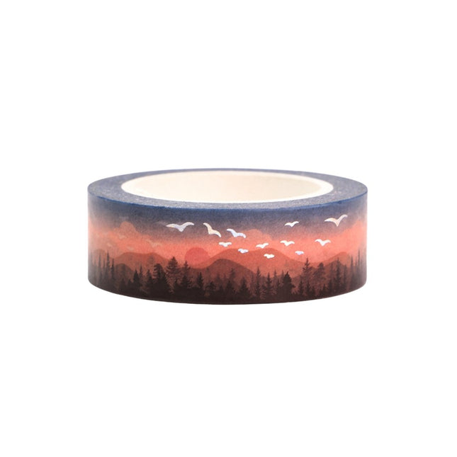 Mountain Horizon Washi Tape | Birds and Pines on Blue and Peach | Gift Wrapping and Craft Tape by The Bullish Store