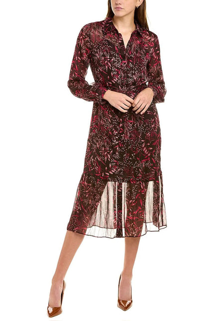 Nanette Lepore collared long sleeve barbell cuffs button front  multi print metallic tie waist chiffon shirt dress by Curated Brands