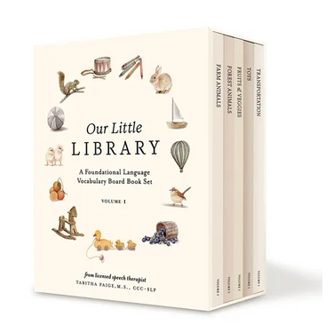 Our Little Library: A Foundational Language Vocabulary Board Book Set for Babies, Including Farm Animals, Forest Animals, Fruits and Veggies, Toys, an