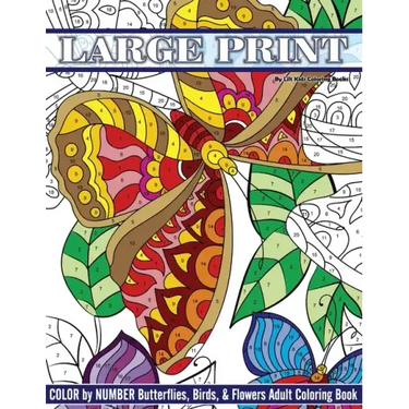 Large Print Color By Number Butterflies, Birds, and Flowers Adult Coloring Book