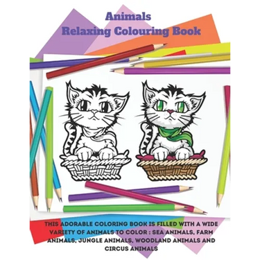 Animals - Relaxing Colouring Book - This adorable coloring book is filled with a wide variety of animals to color: Sea Animals, Farm Animals, Jungle A