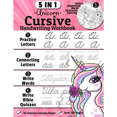 Unicorn Cursive Handwriting Workbook: 5-in-1 Cursive Handwriting Practice Books Beginning to Master For Kids: Tracing Letters, Connecting Cursive Lett
