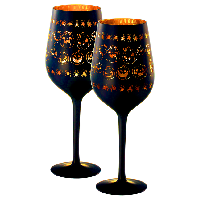 Crystal Halloween Stemmed Wine Glasses - Set of 2 - Pumpkin Themed Vibrant Black & Gold Spooky Ghost Pattern Frosted Glass, Perfect for Themed Gothic Parties Trick Or Treat Gifts for Him Her (16 OZ) by The Wine Savant