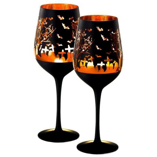 Crystal Halloween Stemmed Wine Glasses - Set of 2 - Themed Vibrant Black & Gold Etched Spooky Graveyard Pattern Frosted Glass, Perfect for Themed Gothic Parties Trick Or Treat Gift For Him Her (14 OZ) by The Wine Savant