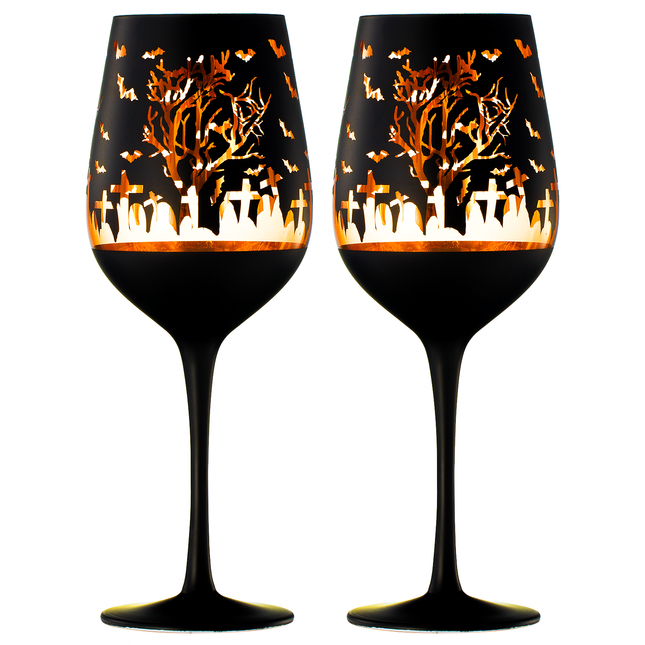Crystal Halloween Stemmed Wine Glasses - Set of 2 - Themed Vibrant Black & Gold Etched Spooky Graveyard Pattern Frosted Glass, Perfect for Themed Gothic Parties Trick Or Treat Gift For Him Her (14 OZ) by The Wine Savant