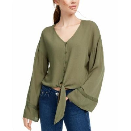 Freshman Juniors' Flare-Sleeved Tie-Waist Blouse Green Size Small by Steals