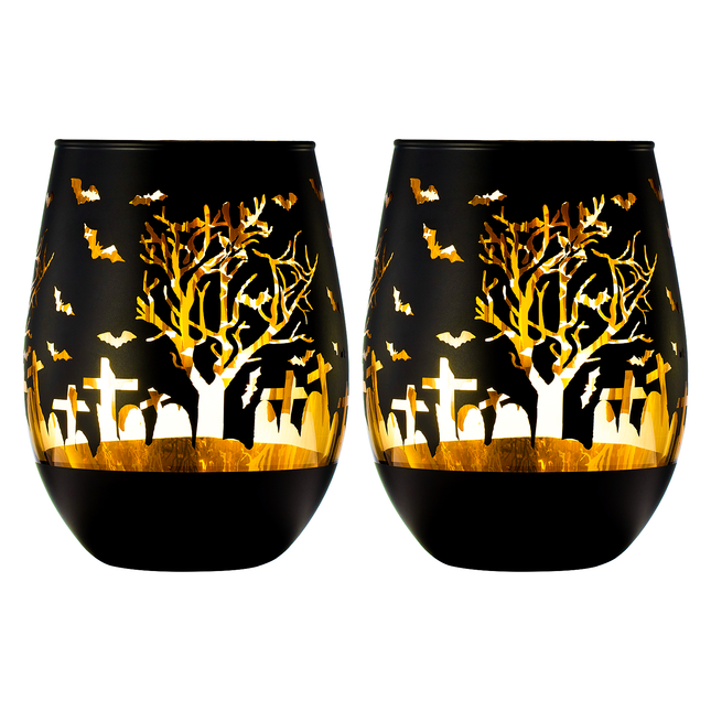 Crystal Halloween Stemless Wine Glass - Set of 2 - Themed Vibrant Black & Gold Etched Spooky Graveyard Pattern Frosted Glass, Perfect for Themed Gothic Parties Trick Or Treat Gift For Him Her (16 OZ) by The Wine Savant