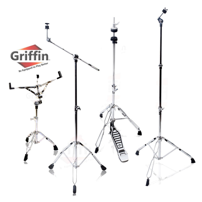 GRIFFIN Cymbal Stand Hardware Pack 4 Piece Set - Full Size Percussion Drum Hardware Kit with Snare Mount, Hi-Hat Pedal, Cymbal Boom, & Straight Stand by GeekStands.com