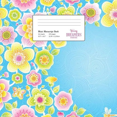 Music Manuscript Book: Floral Pattern on Blue, Large Kids Stave Paper