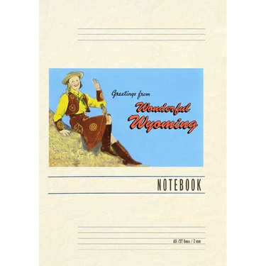 Vintage Lined Notebook Greetings from Wonderful Wyoming, Waving Cowgirl