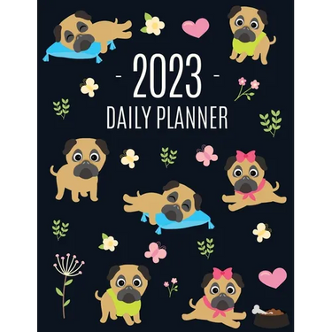 Pug Planner 2023: Funny Tiny Dog Monthly Agenda January-December Organizer (12 Months) Cute Canine Puppy Pet Scheduler with Flowers & Pretty Pink Hear