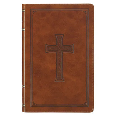 KJV Holy Bible, Standard Size Faux Leather Red Letter Edition Thumb Index, Ribbon Marker, King James Version, Honey Brown Cross Emblem