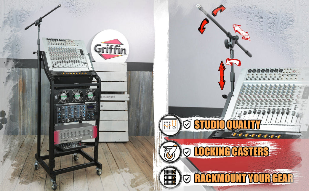 GRIFFIN Rack Mount Cart Stand & Top Mixer Platform 25U - Rolling Music Studio Booth Case Holder - Sound Stage Pro Audio Recording Cabinet Mount Rails by GeekStands.com