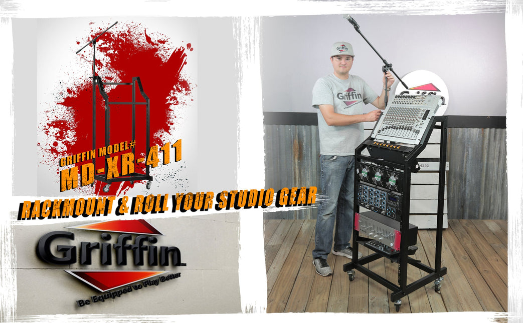 GRIFFIN Rack Mount Cart Stand & Top Mixer Platform 25U - Rolling Music Studio Booth Case Holder - Sound Stage Pro Audio Recording Cabinet Mount Rails by GeekStands.com
