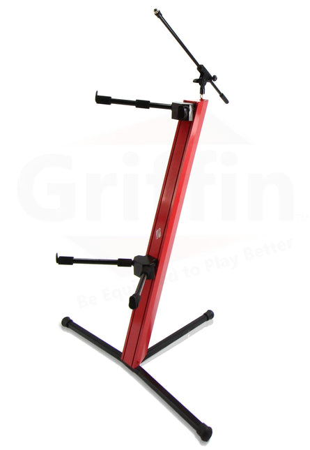 2-Tier Column Keyboard Stand with Mic Boom Arm by GRIFFIN - Double Sliding Multi Mounting Platform Red Stage Tower Rack - Holder for Digital Piano by GeekStands.com