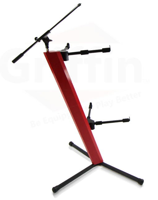 2-Tier Column Keyboard Stand with Mic Boom Arm by GRIFFIN - Double Sliding Multi Mounting Platform Red Stage Tower Rack - Holder for Digital Piano by GeekStands.com