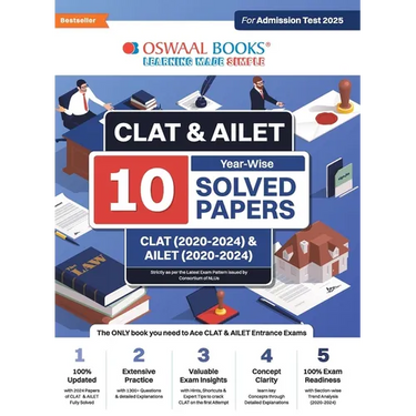 Oswaal CLAT & AILET 10 Previous Years Solved Papers - Year-Wise CLAT (2020 -2024) & AILET (2020 - 2024) For Admission Test 2025