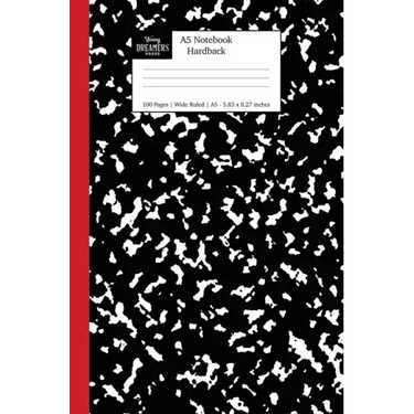 A5 Notebook Hardback: Black and Red Spine Marble Wide Rule Journal