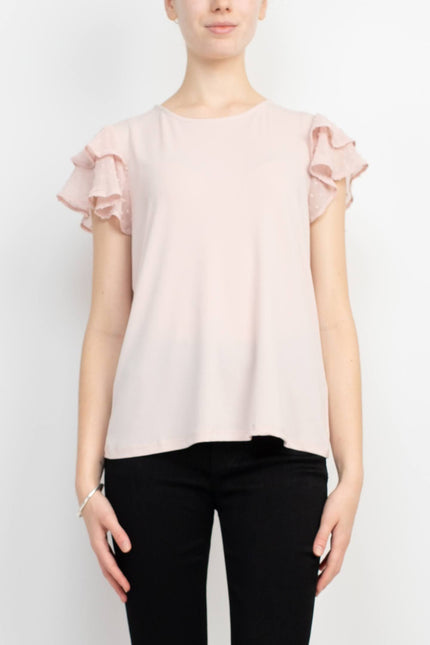 Adrianna Papell Crew Neck Clip Dot Double Flutter Sleeve Solid Knit Moss Crepe Top by Curated Brands