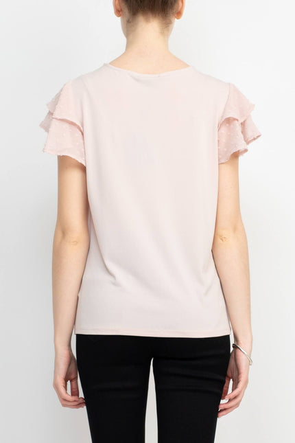 Adrianna Papell Crew Neck Clip Dot Double Flutter Sleeve Solid Knit Moss Crepe Top by Curated Brands