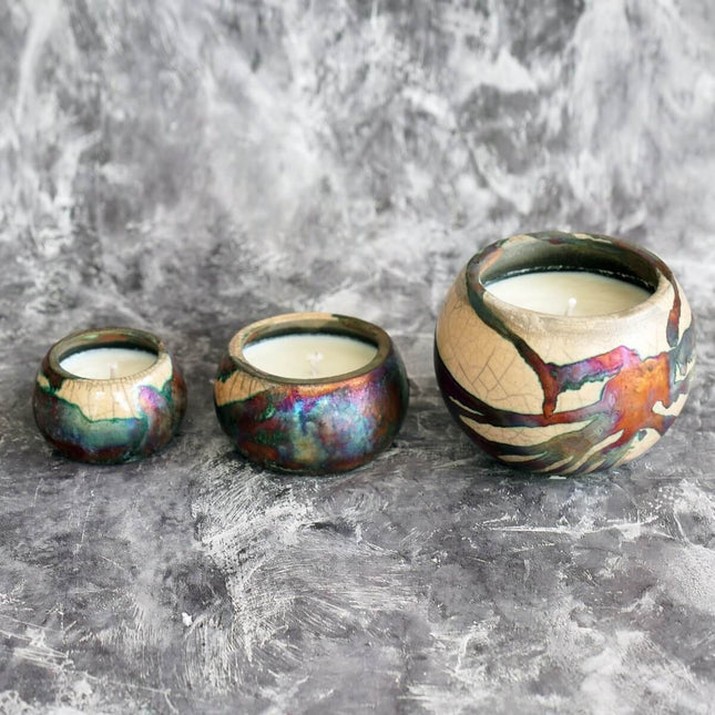 Akari Raku Pottery Refillable Set of 3 ( 1 L, 1M, 1S ) Scented Soy Wax Candles by RAAQUU