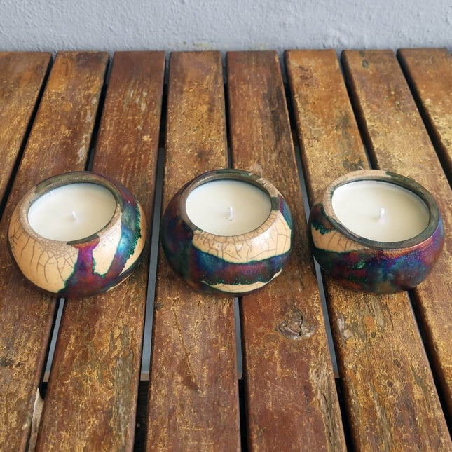 Akari Raku Pottery Refillable Set of 3 Medium Scented Soy Wax Candles by RAAQUU