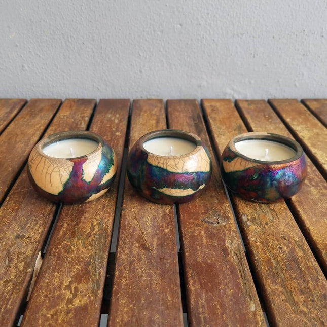 Akari Raku Pottery Refillable Set of 3 Medium Scented Soy Wax Candles by RAAQUU