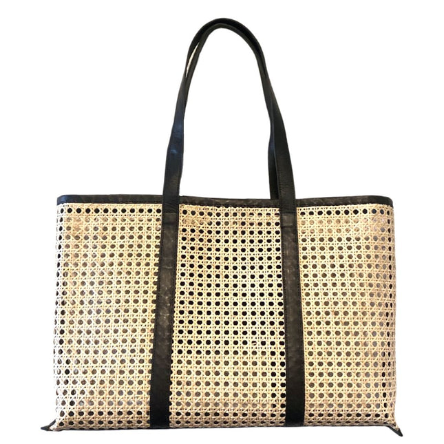AMELIA CANE & LEATHER TOTE IN BLACK: LARGE by POPPY + SAGE